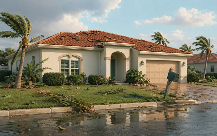 Soft 3D render of a home the morning after a storm: palm fronds on the lawn, a few missing shingles, and a clearing sky