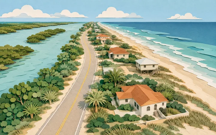 Paper cut-out illustration of a small oceanfront community along A1A between the ocean and the Intracoastal