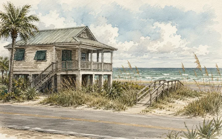 Watercolor of a raised beach cottage on pilings in Flagler Beach with dune grass, a beach walkover, and the ocean beyond