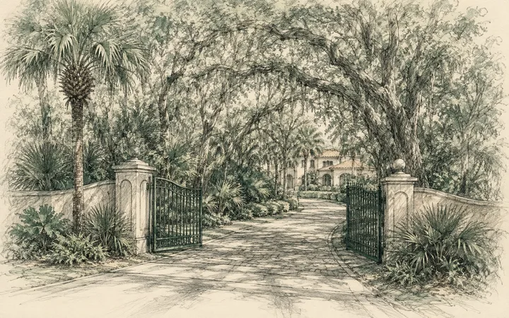 Pencil sketch of an iron community gate under a canopy of live oaks in The Hammock, with a tile-roofed home beyond