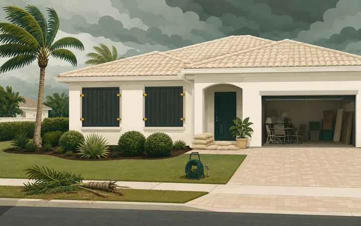 Flat illustration of a Florida block home with shutters closed, sandbags at the door, and a storm sky building