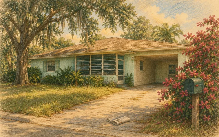 Colored-pencil drawing of an older Florida block home with mature oaks and an overgrown bougainvillea at golden hour
