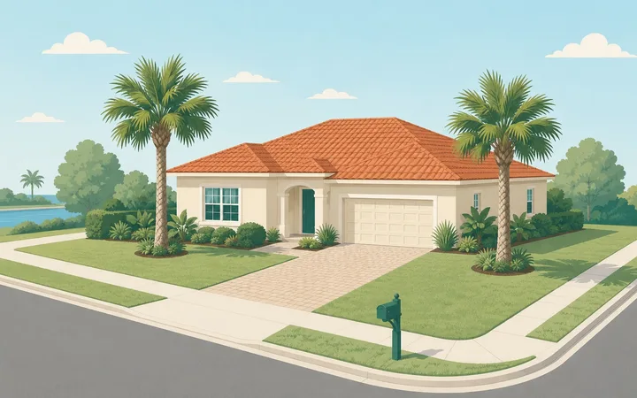 Isometric illustration of a Palm Coast ranch home with a tile roof, sabal palms, and a paver driveway on a quiet corner lot