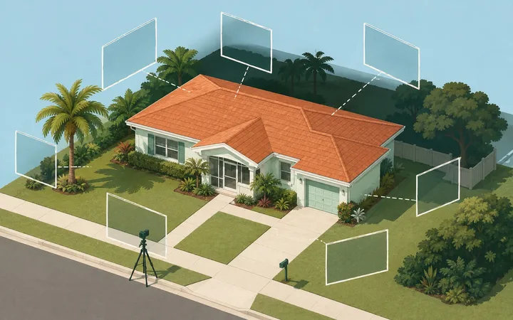 Isometric illustration of a camera on a tripod on the sidewalk in front of a home, with frame outlines around it