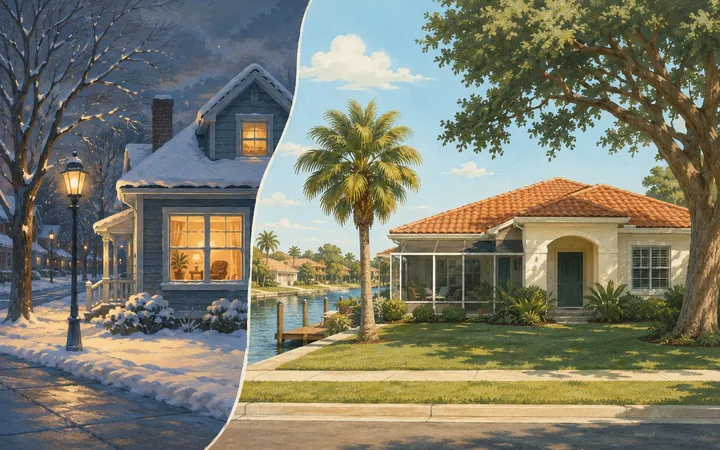 Storybook illustration split between a snowy northern street and a sunny Palm Coast canal home