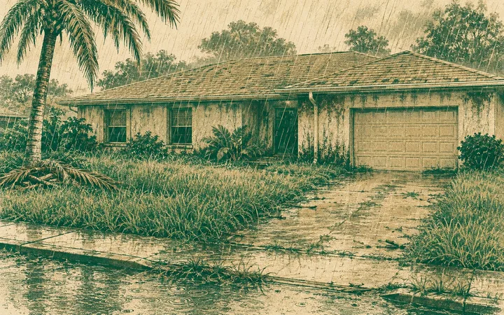 Two-color print of a ranch house in a summer downpour with overgrown grass and water at the curb