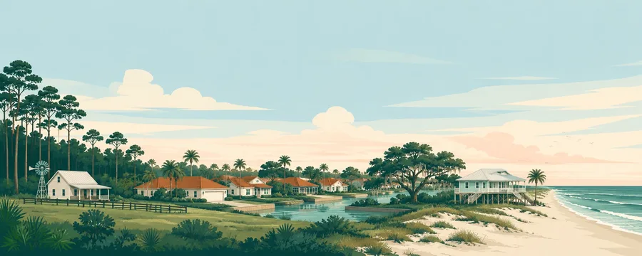 Panorama of Flagler County from pine flatwoods and farmhouses in the west to beach cottages and dunes in the east