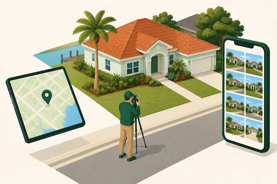 Isometric scene of a laptop with a map pin, a photographer on the sidewalk, and a phone with a grid of house photos