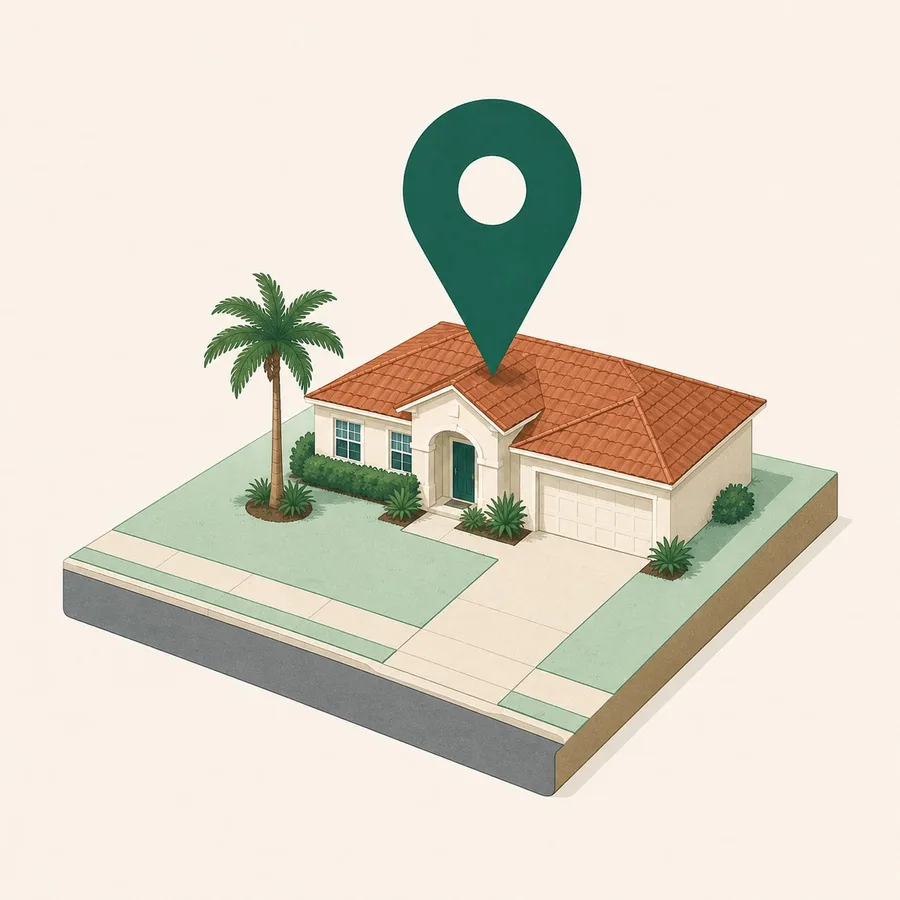 Map pin standing on an isometric slice of a Palm Coast street with a home, a driveway, and a palm